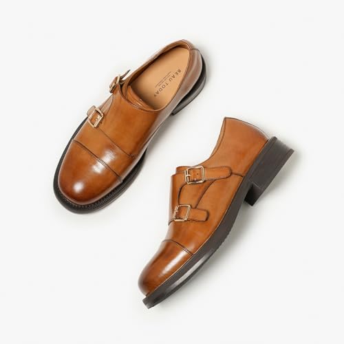 Image of BEAU TODAY Women Monk Strap Loafers Cap Toe Business Causal Loafer Shoes