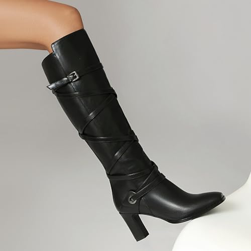 Women's Knee High Boots Wide Calf Boots Pointed Toe Chunky Heeled Boots with Side Zip Leather Wraparound Buckle Fall winter Tall Boots For Women3