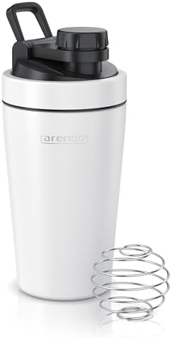 Arendo - Eiweiß Shaker Edelstahl 500ml, Protein Shaker mit Mixkugel, BPA frei, Mixbecher, Metall Premium Eiweißshaker, Tragegriff, Spülmaschinengeeignet, To Go für Yoga Fitness Spo