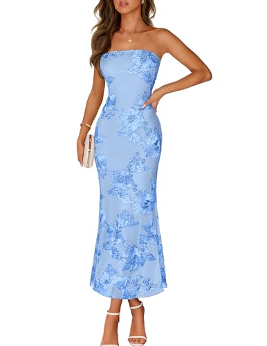 MEROKEETY Women's Floral Strapless Maxi Dress 2026 Summer Mesh Tube Bodycon Formal Wedding Guest Cocktail Party Long Dresses, Blue, Small