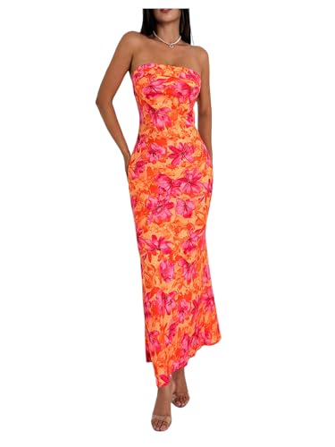 Image of GORGLITTER Women's Floral Dress Strapless Tube Open Back Bodycon Boho Summer Wedding Guest Vacation Beach Maxi Dresses