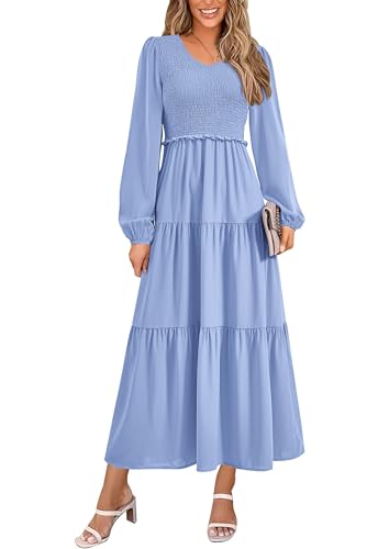 Image of PRETTYGARDEN Fall Dresses for Women 2025 Casual Long Sleeve V Neck Smocked A Line Long Flowy Wedding Guest Dress (Light Blue,X-Large)