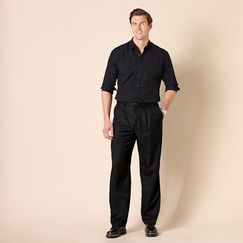 Amazon Essentials Herren Anzughose mit Falte und Erweiterbarem Bund, Klassisch Geschnitten, Schwarz, 36W / 32L