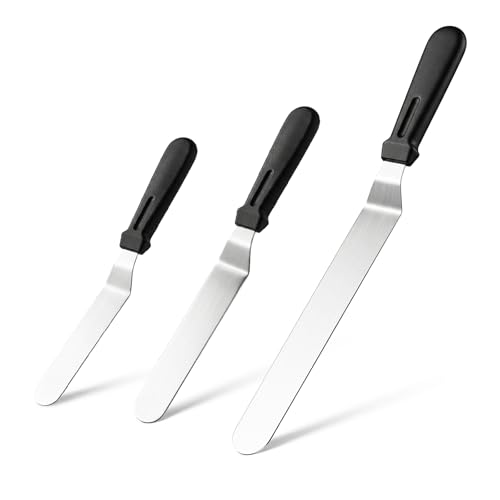 Icing Spatula Set of 3 – Professional-Style Angled Offset Spatula 6, 8 & 10 Inch Stainless Steel Blades – Ergonomic Non-Slip Handle Cake Spatula for Cake Decorating, Baking & Pastry