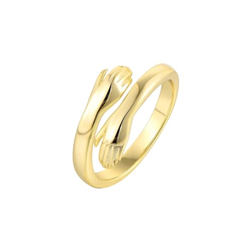 Anillo abrazo de oro | Plata de ley 925 | Anillo abierto chapado en oro | Anillo de abrazo ajustable | Idea de regalo, 17.5 mm, Plata, Sin piedras preciosas