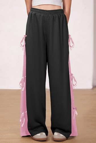 Girls Fall Cute Bowknot Side Wide Leg Sweatpants Y2K Color Block Baggy Track Pants 5-14 Years2