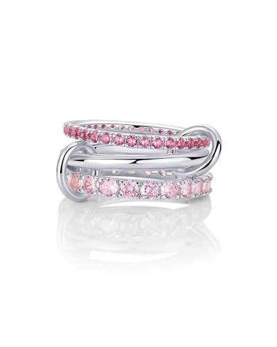 PAVOI 14K Rose Gold Plated Interlocking Ring for Women - Chunky Connected Bands Interlock Stackable Rings for Women - Trendy Fuchsia Cubic Zirconia Interlocked Statement Multi-Band Fashion Jewelry - Size 7