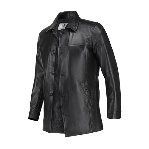 Image of TLC Mens Leather Coat | 3 /4 Length Button Up Lambskin Car Coat - Classic Long Leather Jacket Men