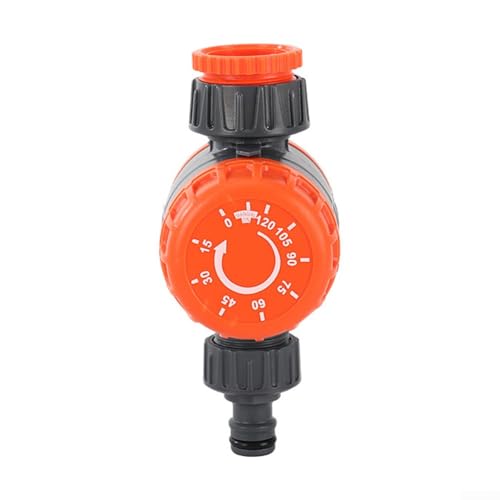 Temporizador mecánico de riego para manguera de jardín, sin batería, manual, ajustable, 0-120 minutos, conexión rápida para grifo al aire libre, ahorro de agua, negro y naranja, ABS (15 x 10 x 10 cm)