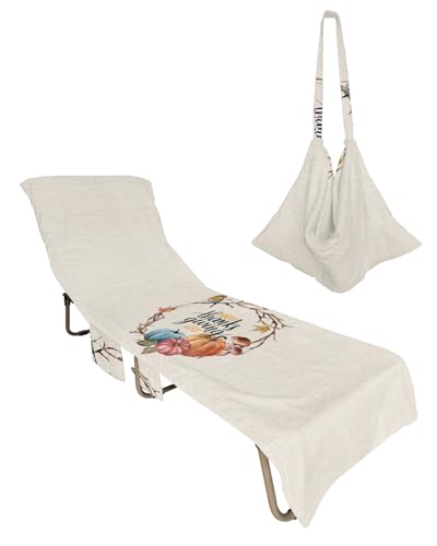 Thanksgiving Day Beach Chair Towel Covers for Chaise Lounge with Side Pocket, Soft Plush Pool Towels Cover for Patio Sunbathing Outdoor 29''x85'' Fall Multi Pumpkins Mushroom Bird