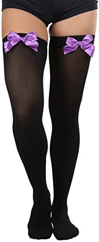 Image of ToBeInStyle Women's Opaque Long Thigh High Stockings w /Decorative Front Satin Bow