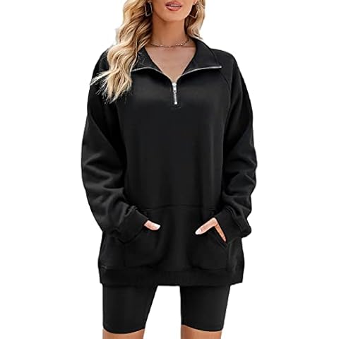 Women Y2k Half Zip Sweatshirt Long Sleeve Oversized Quarter Zip Pullover Casual Fall Winter Sweater Streetwear, J-black, XL Cover