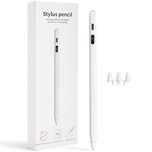 LED Battery Display Stylus Pen, Fast Charging Active Digital Pencil for iPad iPhone Samsung Android Tablets, Low Latency & Tilt Sensitivity for Note Taking/Drawing, No Bluetooth Needed (White)