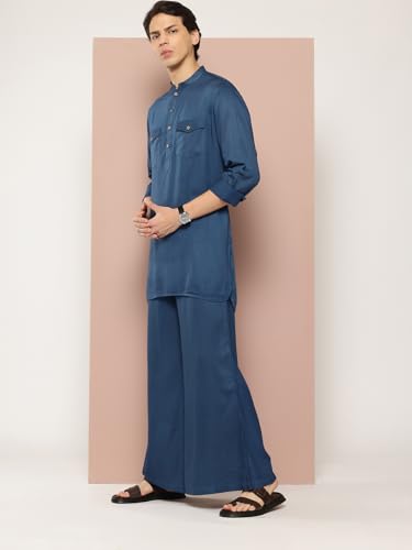 Image of See Designs Men's Long Sleeve Curved Hem Mandarin Collar Rayon Solid Pathani Sets