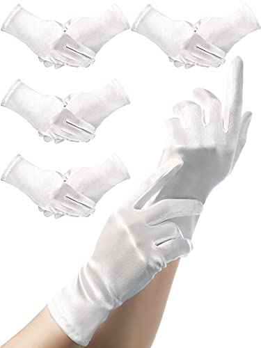 Image of Sumind 4 Pairs Women Short Satin Gloves White Wedding Party Wrist Length Gown Opera Gloves