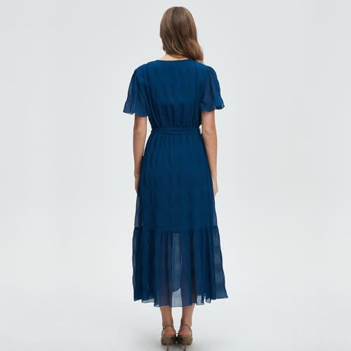Image of Women's Summer Bohemian Floral Chiffon Dress Cap Sleeve V Neck Ruffle Long Flowy Boho Casual Vacation Dresses