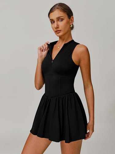 ABOCIW Womens Zip Front Tennis Dress High Neck Sleeveless Workout Golf Dresses Build in Shorts with Pockets3