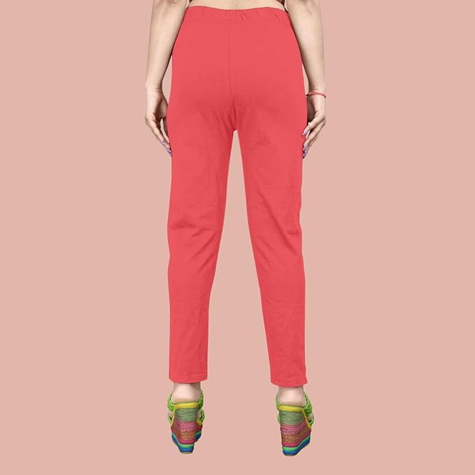 Image of Women's Solid Cotton Lycra Pants-High Waist Slim Fit Stretchable Leggings - Comfortable Long Trousers for Casual, Office & Everyday Wear