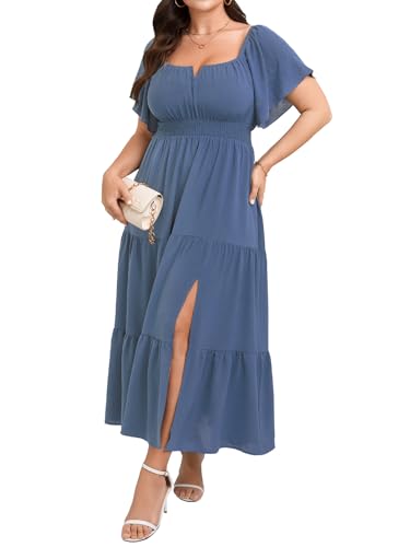 Image of SCOMCHIC Womens Plus Size Maxi Dress Formal Short Sleeve Square Neck Smocked Side Split Flowy A Line Tiered Long Dress