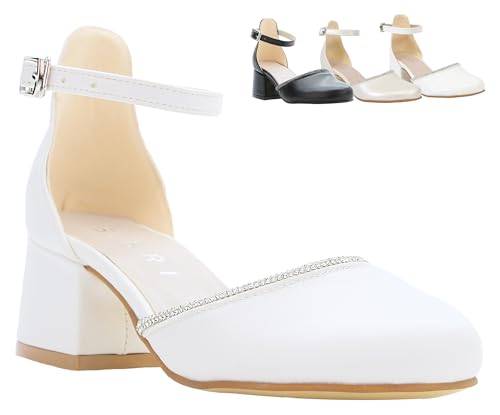 SIRRI Girls’ Block Heel Mary Janes, Ankle Strap Closed Round Toe Rhinestone Trim Communion Shoes