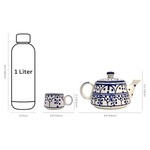 Image of NATRIEL Ceramic Tea Set, Blue Floral Design with Chevron Border, 1L Teapot with 6 Cups, Microwave and Dishwasher Safe (Option-03)