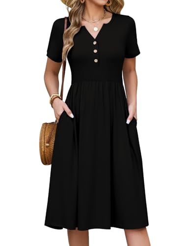 CMTOP Robe Femme Ete Chic et Elegant Col en V Fleurie Robe Mi Longue Décontractée Manches Courtes Boutons Genou Légère Robe Style Taille Empire avec Poches...