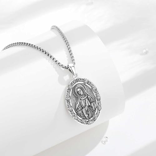INFUSEU Virgin Mary Necklace Blessed Mother Mary Pendant Saint Serenity Prayer Praying Hands Jewelry Silver Women Miraculous Medal Catholic Gifts Christian Religious Medallion Holy Rose Flower2