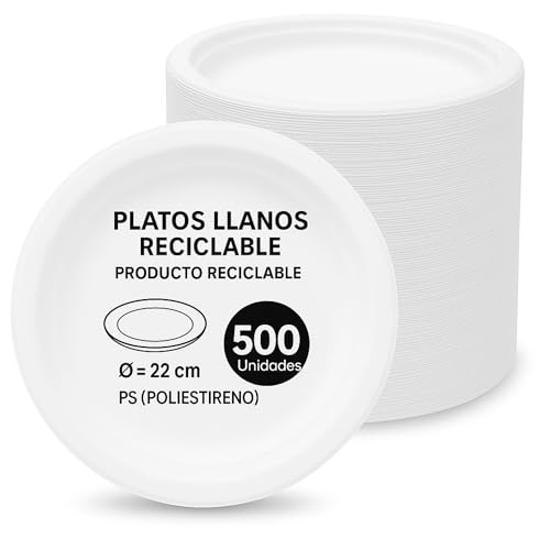 Platos de plástico blancos reutilizables, Plato de plástico llano redondo, apto para alimentos calientes, Platos extra resistentes, Norma UNE-EN-12875-1, Diseño llano diámetro 22 cm, 500 unidades