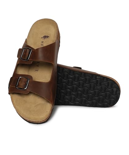 Image of HF JOURNEY Men's Vasco Double Strap Cork Footbed Sandals - Adjustable Buckle Slip-On Comfort Slides (Size 41-46)