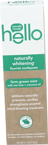 Hello Oral Care Naturally Whitening Fluoride Toothpaste Vegan & SLS Free Farm Grown Mint with Tea Tree Oil Coconut Oil 4.7 Ounce