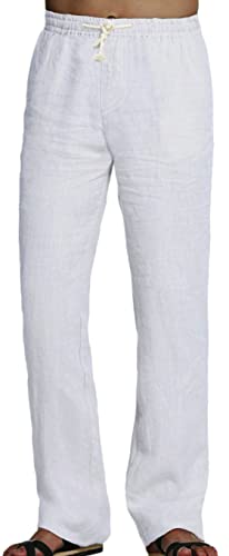 Youhan Men's Fitted Elastic Waistband Cotton Linen Pants with Drawstring