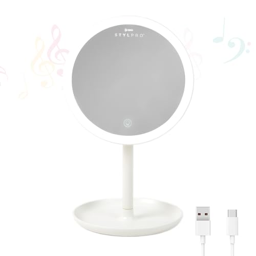 StylPro Melody Rechargeable Bluetooth Light-Up Mirror with Dimmable Lighting & Built-In Speaker