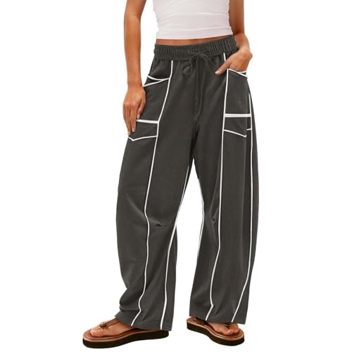 Image of Barrel Pants Women Casual Cargo Wide Leg Baggy Sweatpants Drawstring High Waisted Lounge Palazzo Pants with Pockets