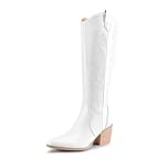 DREAM PAIRS Women's Knee-High Boots, Comfortable Chunky Block Heel Pointed Toe Pull On Side Zipper Suede Slouch Riding Boots,Size 7,White,SDKB224W-W