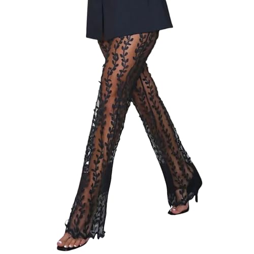 Women's Sexy See Through Sheer Mesh Pants Skinny Lace Transparent Straight Pants Jacquard Long Trousers Cover Up3