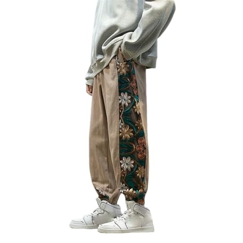 Men's Spring Autumn Chinese Style Color Block Embroidered Vintage Literary Loose Jogger Harem Casual Long Pants