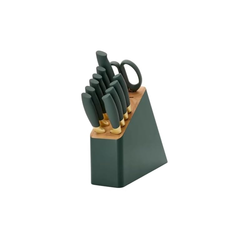 12-Piece Stainless Steel Knife Block Set with Soft Grip Handles Kitchen Cutlery Set with Wood Block (Thyme Green)