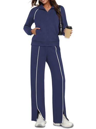 Casly Lamiit 2 Piece Sets for Women Airport Travel Outfits 2025 Fall Casual Lounge Tracksuit Sweatshirt Jogging Sweatpants Matching Loungewear Navy Blue M
