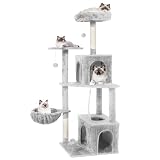 Picture of TSCOMON Cat Tree, 54-Inch Cat Tower for Indoor Cats,Plush Multi-Level Cat Condo with Scratching Posts, Basket, Perches,2 Caves,2 Pompoms(Light Gray)