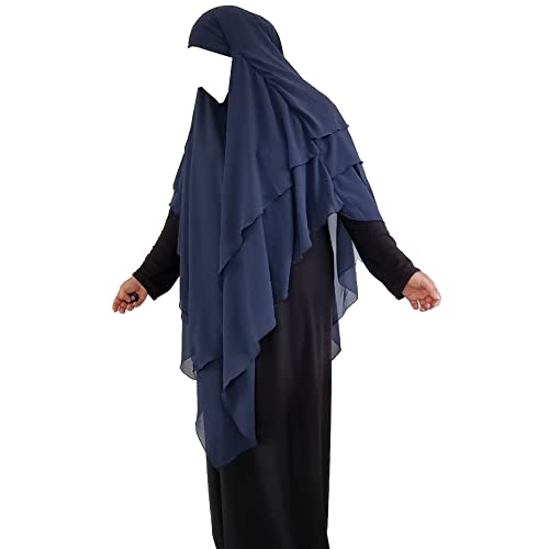 Yaqeen XL Khimar chiffon 3 lagig blickdicht Hijab elegantes 3 Schichten Kopftuch Jilbab Muslima Gebet (dunkelblau)