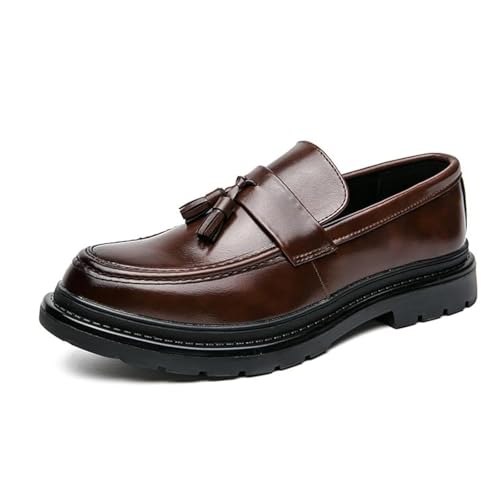 Mens Leather Slip-On Platform Dress Tassels Loafers Anti-Slip Low Top Round Toe Chunky Penny Shoes for Work and Daily Casual Wear