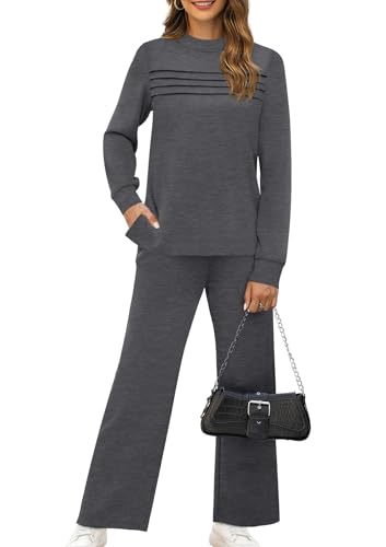 Image of WIHOLL Two Piece Sets for Women Fall Travel Vacation Outfits 2026 Long Sleeve Lounge Sets Side Slit Wide Leg Pants XS-3XL