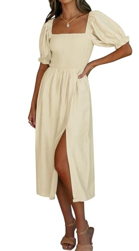 R.Vivimos Summer Dress for Women Cotton Puff Sleeves Casual Off
