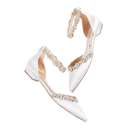 Xyd Women Classic Pointed Toe D'orsay Wedding Flat Sandals Sparkly Rhinestones Ankle Strap Low Heel Dress Shoes With Zipper Size 8.5 White #TOP2
