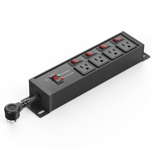 CCCEI Extensión de 0.2 pies con 20 amperios, 4 tomas con interruptores individuales, cable plano corto calibre 12, protector contra sobretensiones para uso industrial, cocina y viajes, color negro
