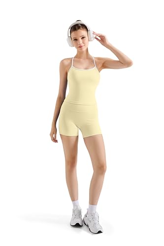 Image of SUUKSESS Women 2 Piece Workout Sets High Waisted Tummy Control Biker Shorts Halter Padded Tank Tops