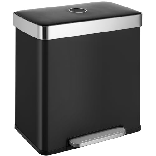 Clevich 60L Double Kitchen Bin Stainless Steel Dual Compartment Trash Can 2x30L Kitchen Recycling Bins w/Wide Pedal Removable Inner Buckets w/Soft-Close Lid Airtight Design for Home Office(Black)