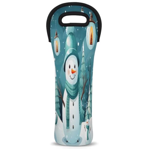 Cartoon Snowman Tree Snowy Single Bottle Wine Bag Insulated Neoprene Wine Bottle Bag Travel Tote with Handles Wine Gifts Carrier for Wedding Picnic Parties