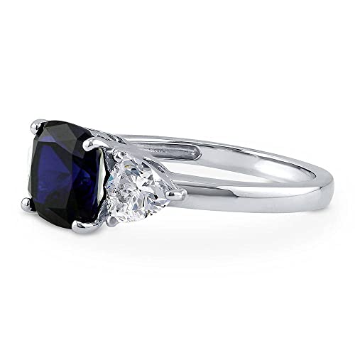 BERRICLE Sterling Silver 3-Stone Wedding Engagement Rings 3 Carat Simulated Blue Sapphire Cushion Cut Cubic Zirconia CZ Anniversary Ring for Women, Rhodium Plated3