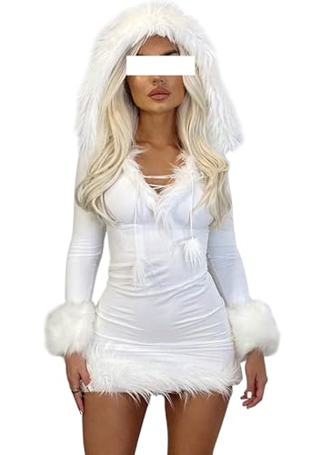 NUFIWI Y2k Hooded Dress for Women Fur Trim Hoodie...